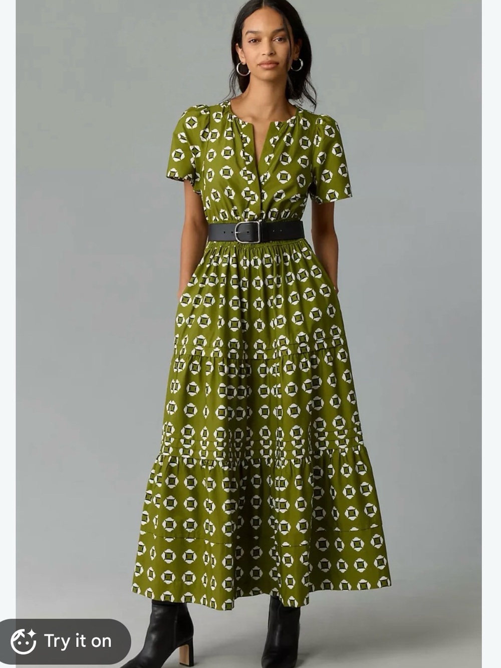 Anthropologie Olive Green & White Geometric Tiered Maxi Dress
